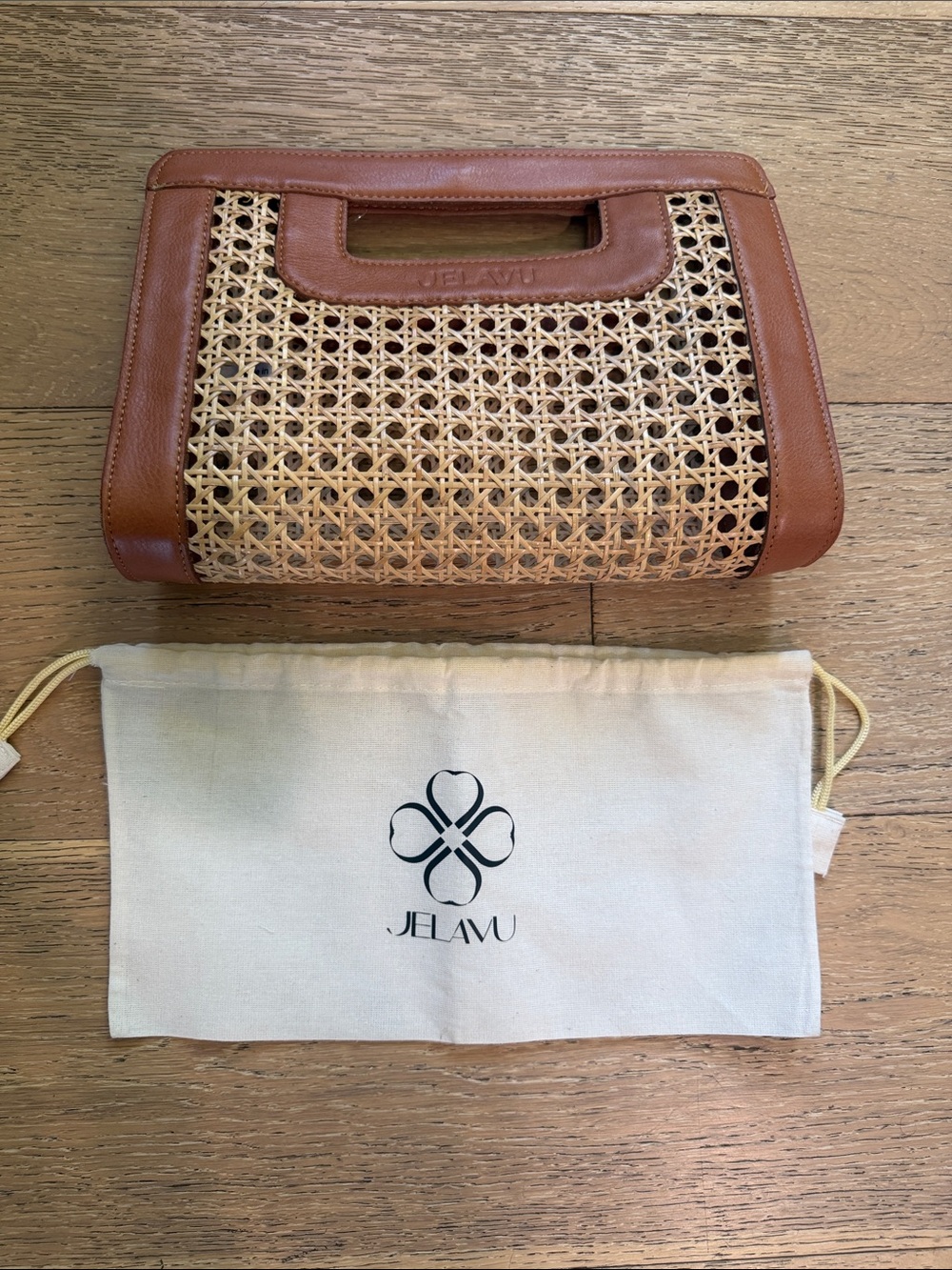 Jelavu Brown Leather & Woven Rattan Clutch Wristlet